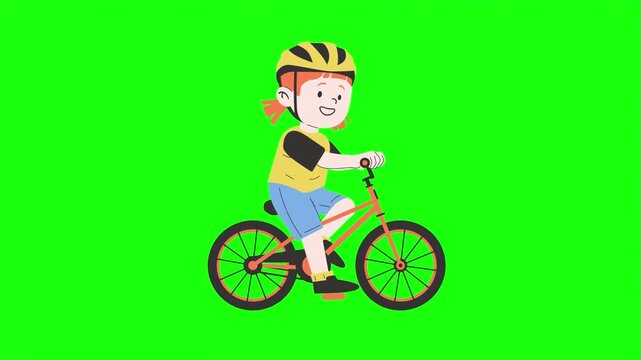 Girl riding a bicycle wearing helmet vector illustration isolated on bright green screen background.