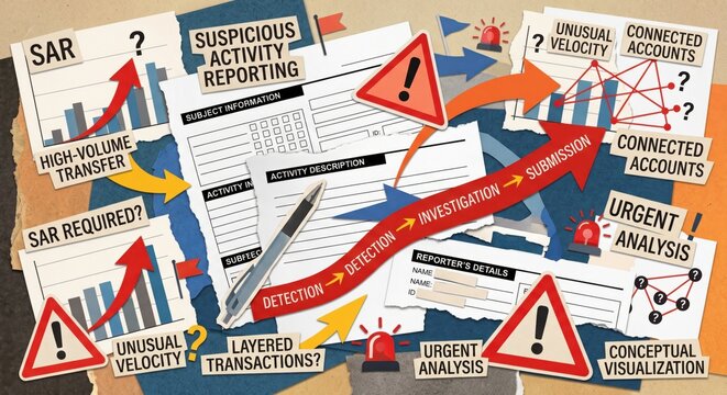 Suspicious activity reporting board with red flags, SAR forms, suspicious patterns, and escalation workflow.