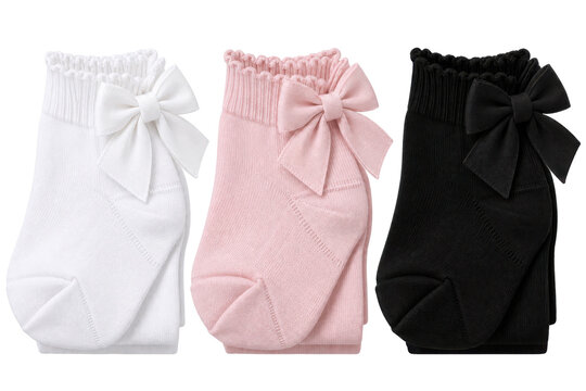Women's bow cuff ankle sock three-pack, cotton knit, white, blush pink and black, oversized side bow and scalloped cuff. Flat lay isolated on white background for hosiery retail.