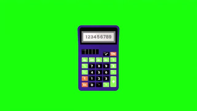 Purple digital calculator vector illustration isolated on bright green screen background overlay.