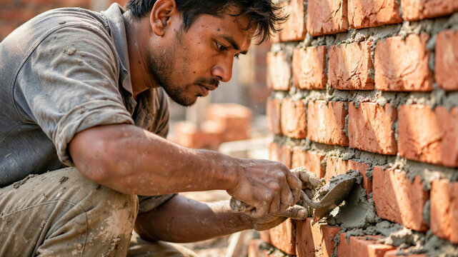Bricklayer Applying Mortar to Clay Brick Wall on Building Site in Muddy Canvas Work Trousers