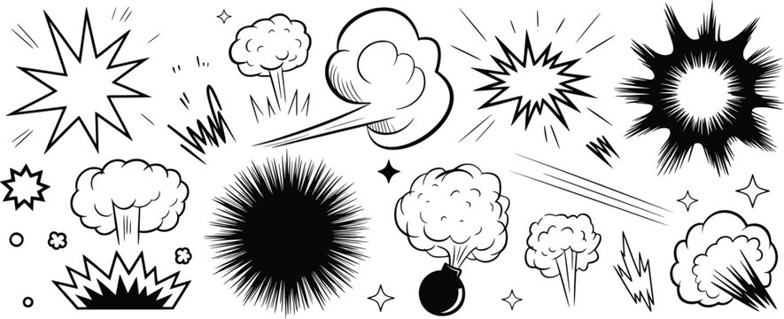Set of black and white line art comic style explosions and smoke bubbles with a generic bomb