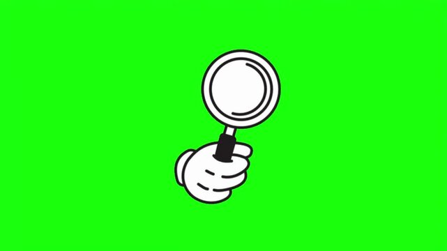 Gloved hand holding magnifying glass search icon vector isolated on bright green screen background.