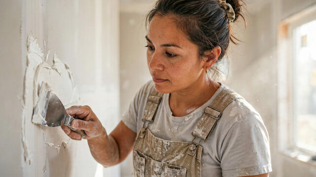 Drywall Installer Applying Joint Compound to Interior Wall In Dusty Overalls Under Window Light