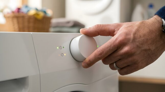 Selector knob on a white washing machine is adjusted by a man wearing a wedding ring.