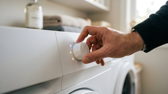 Washing machine control panel is adjusted by a man's hand in a bright laundry room.
