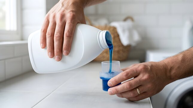 Laundry detergent being poured into a blue measuring cap from a white bottle by a person in a bright domestic room.