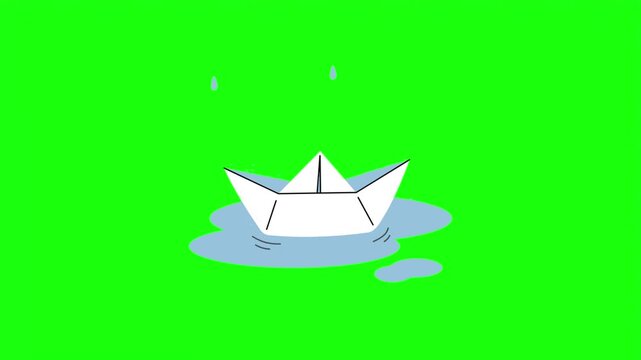 White paper boat floating on water puddle vector illustration isolated on bright green screen.