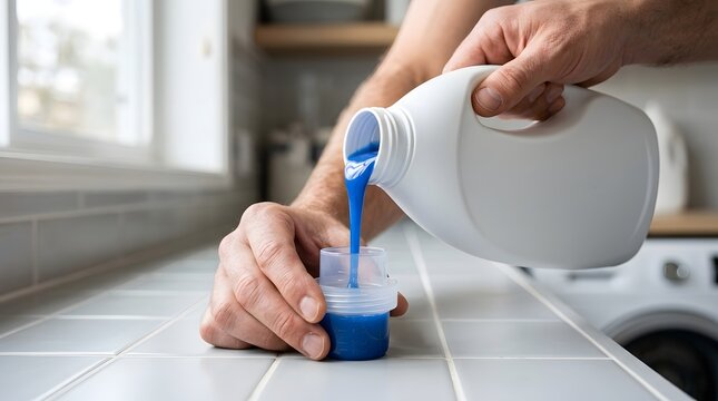 Blue liquid detergent being poured from a white plastic bottle into a measuring cap on a tiled surface.