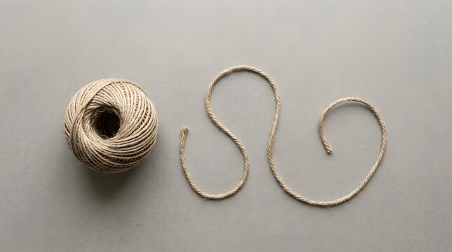Natural Jute Twine Ball with Curved Rope on Grey Textured Background, Flat Lay Minimalist Craft Concept.
