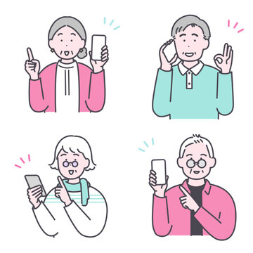 スマホを使うシニアの人物イラストセット