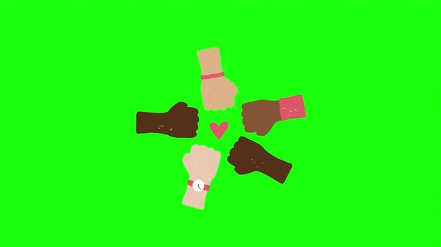 Diverse hands fist bump with heart unity vector illustration isolated on bright green screen background.