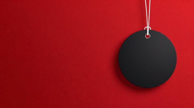 A minimalist 3D render of a blank black round price tag hanging from a white string against a vibrant red textured background, featuring ample copy space for marketing text.