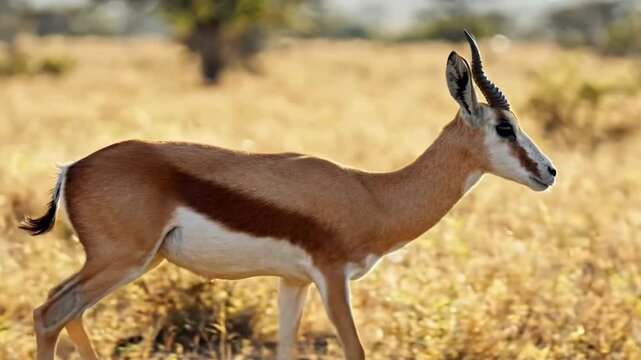 Graceful Springbok Gazelle Trotting Through Dry African Savannah Grassland at Sunrise
