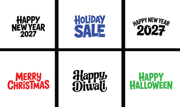 Hand Drawn Holiday Greeting Typography Collection with New Year, Christmas, Diwali and Halloween Lettering