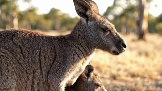 Mother Kangaroo with Joey in Pouch in Golden Hour Sunlight - Close Up Portrait