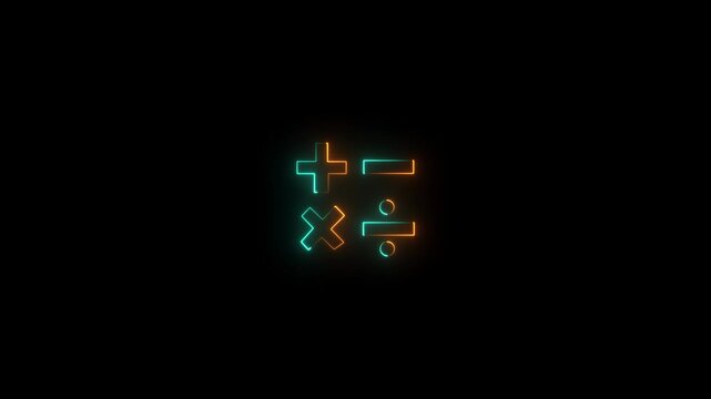 Cyan and orange glowing neon mathematical operators icon showing plus, minus, multiplication, and division symbols on black background.