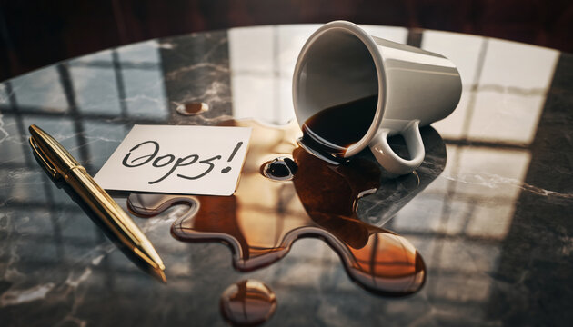 Spilled coffee cup on a polished marble table with a note saying Oops next to a luxury gold pen