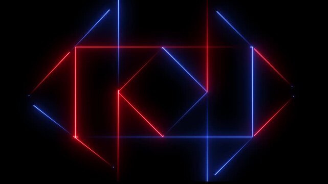 Abstract futuristic neon background with glowing blue and red geometric lines forming squares and diamond shapes on black