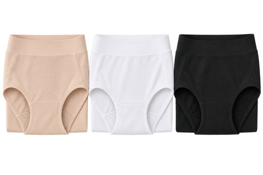 Women's high waist brief three-pack, cotton blend, nude beige, white and black, full coverage panel and wide waistband. Flat lay isolated on white background for lingerie retail.