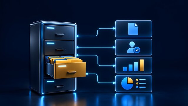 Digital document management system integrating virtual filing cabinet with user database and cloud business analytics