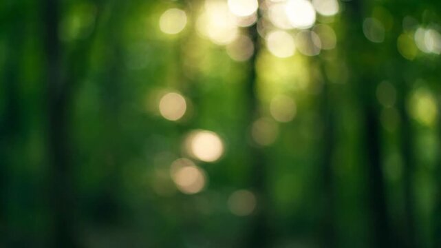 Green forest bokeh background creates a soft natural texture illuminated by warm sunlight filtering through dense tree leaves.