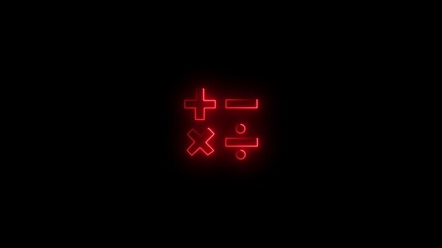 Red glowing neon mathematical operators icon showing plus, minus, multiplication, and division symbols on a black background.