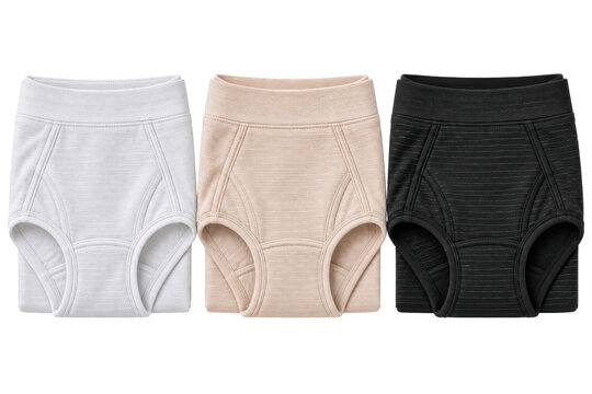 Women's classic full brief three-pack, cotton blend, white, nude beige and black, full coverage panel and elastic waistband. Flat lay isolated on white background for lingerie retail.