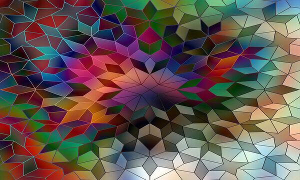 Geometric kaleidoscope pattern with colorful 3D stars, vibrant mosaic tile background, abstract symmetrical prism design for creative web banners