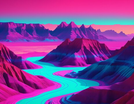 Retro synthwave neon vector illustration of Layered erosion peaks and colorful rock strata of the Badlands
