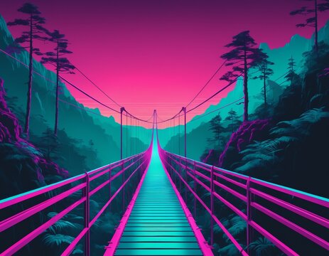 Retro synthwave neon vector illustration of Suspension bridge hanging high above temperate rainforest canyon