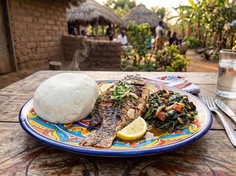 Grilled tilapia fish served with steaming hot nsima and cooked green vegetables on a wooden table in an African village