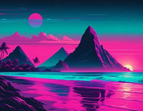 Retro synthwave neon vector illustration of Twin volcanic spires of Gros Piton and Petit Piton rising from Caribbean Sea