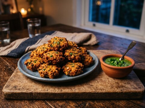 Gateau piment chili cakes with green chutney on a rustic wooden board in a cozy indoor setting