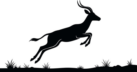 Fototapeta premium Black silhouette of an antelope jumping over grass, isolated on a white background, wildlife for nature and safari themes