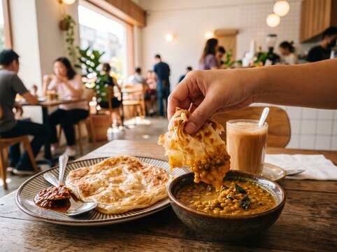 Close-up of a hand dipping crispy roti canai into a bowl of yellow dhal curry at a sunlit cafe table