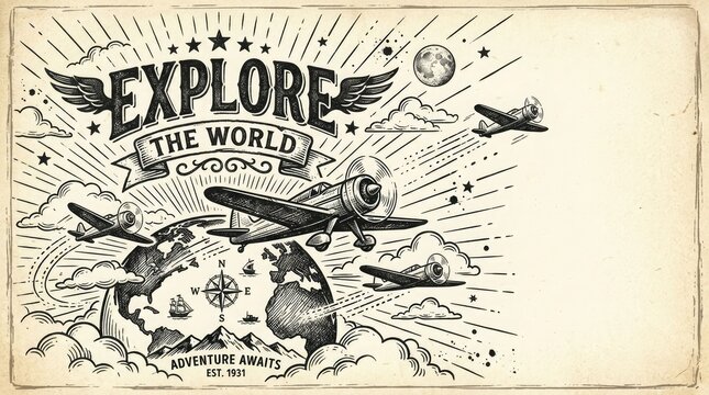 Travel vintage illustration vector design with airplanes flying around the world, exploration theme