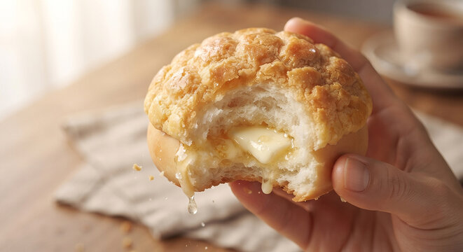 Dynamic action shot of a hand holding a warm Bo Lo Yau, showing a visible bite mark where the crumbly sugar crust meets the soft interior and the rich, melting cold butter oozing out the sides. 