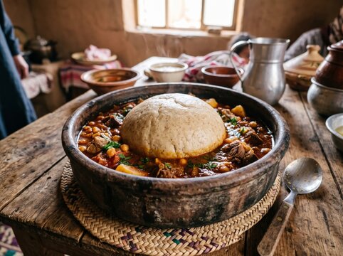 Traditional Libyan bazin dough dome served with lamb stew and chickpeas in a rustic clay pot on a wooden table
