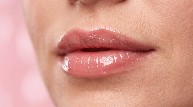 Close up of a woman's lips with glossy pink lipstick and soft skin texture