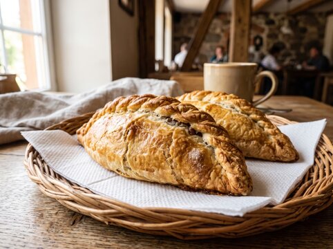Two traditional Lithuanian kibinai pastries on a wicker tray in a rustic tavern