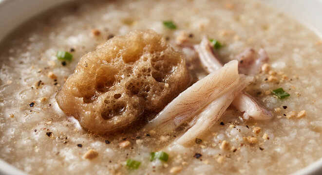  Extreme macro shot focusing on the porous, broth-soaked texture of spongy pork skin and tender sliced squid suspended in the rich rice porridge base.