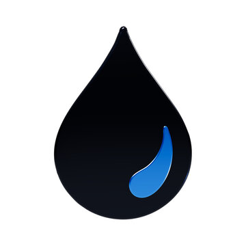 A3d water drop featuring a large glossy black droplet shape with a smaller vibrant blue teardrop accent inside, rendered with smooth reflective surfaces, isolated on a black background