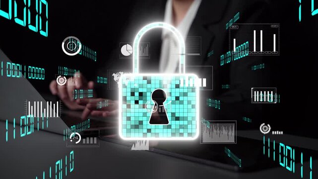 Visual representation of digital security showcasing a padlock with data analysis visuals, highlighting the importance of protecting sensitive information in technology. Xenic