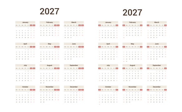 2027 yearly calendar with two versions side by side, Monday and Sunday start