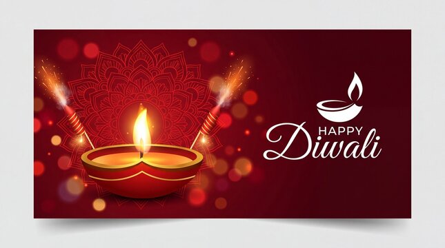 happy diwali festival red abstract background with red decorative diya oil lamp and crackers