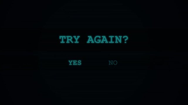 Retro video game screen with Try Again prompt featuring glowing cyan text and CRT scanlines