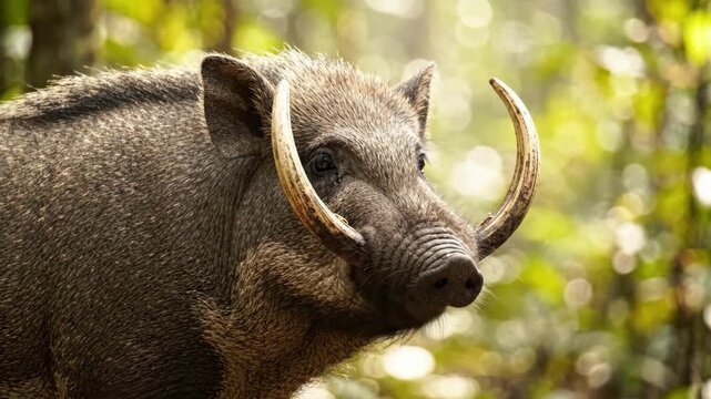 Profile of a Babirusa Pig with Curved Tusks in a Lush Green Forest