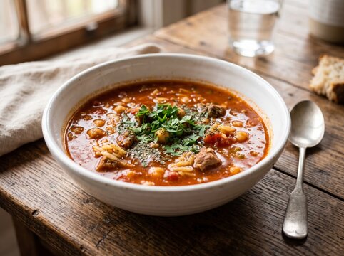 Hearty Libyan Sharba soup with meat and chickpeas in a white ceramic bowl on a rustic wooden table
