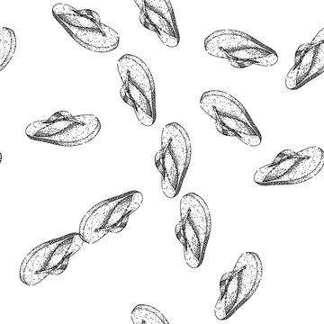 seamless pattern summer flip flops hand drawn. footwear comfort, slip on, pool vacation summer flip flops black sketch illustration